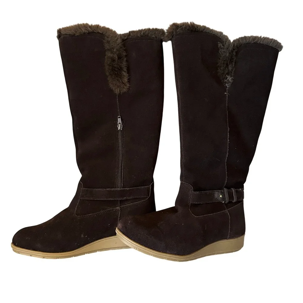Lands' End Tall Winter Boots Womens‎ 9D Brown Suede Faux Fur Excellent